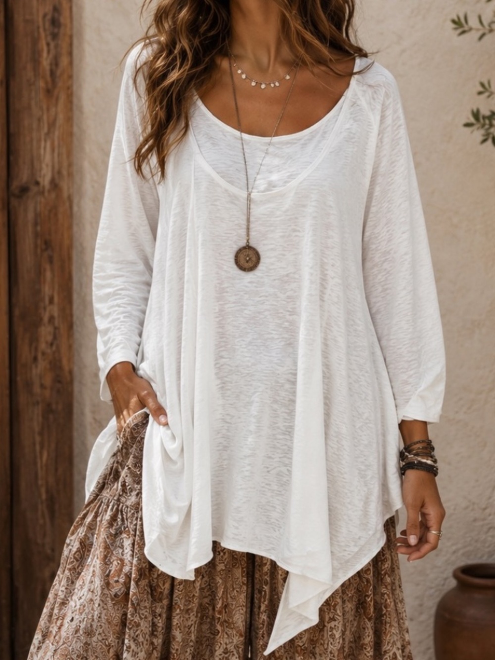 Sundance Tunic Top Womens Size Large White Burn Out Oversized Lagenlook Boho